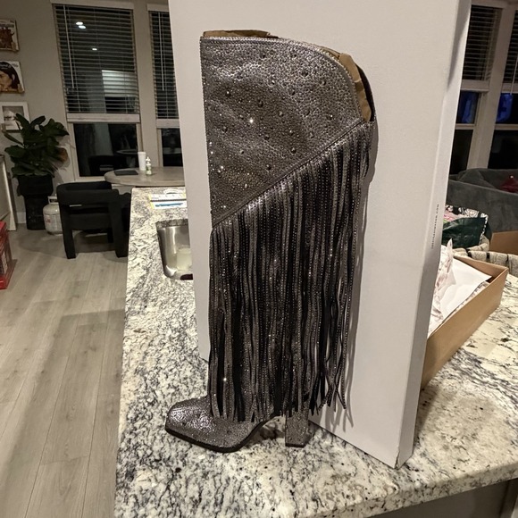 JESSICA SIMPSON Silver Embellished Fringe Glitter Asire Western Tall Rodeo Boot - Picture 5 of 10